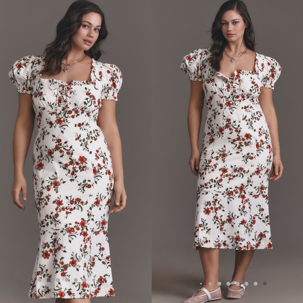 Maeve Linen Blend Puff-Sleeve Sweetheart Midi Dress